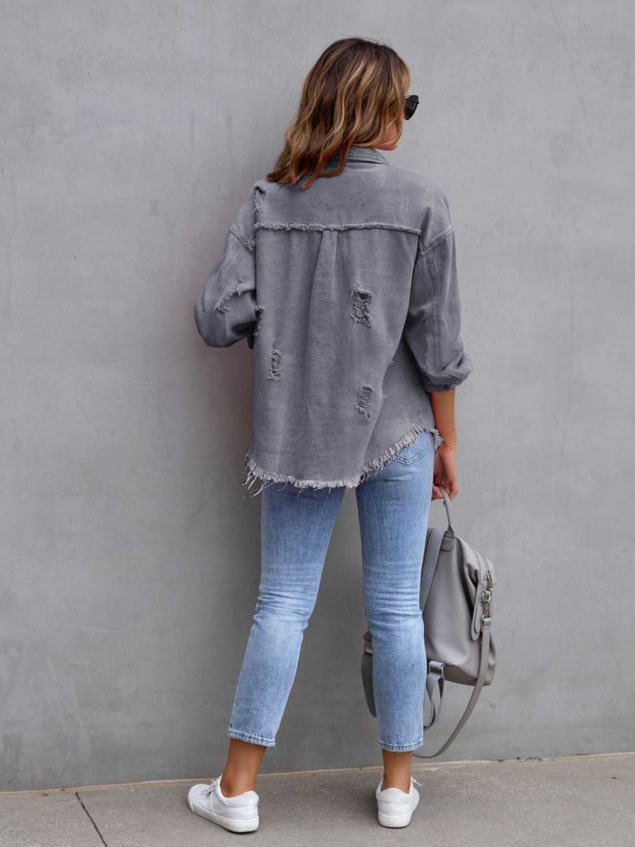 Distressed Drop Shoulder Denim Jacket - Outerwear