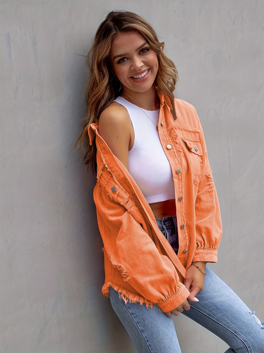 Distressed Drop Shoulder Denim Jacket - Outerwear