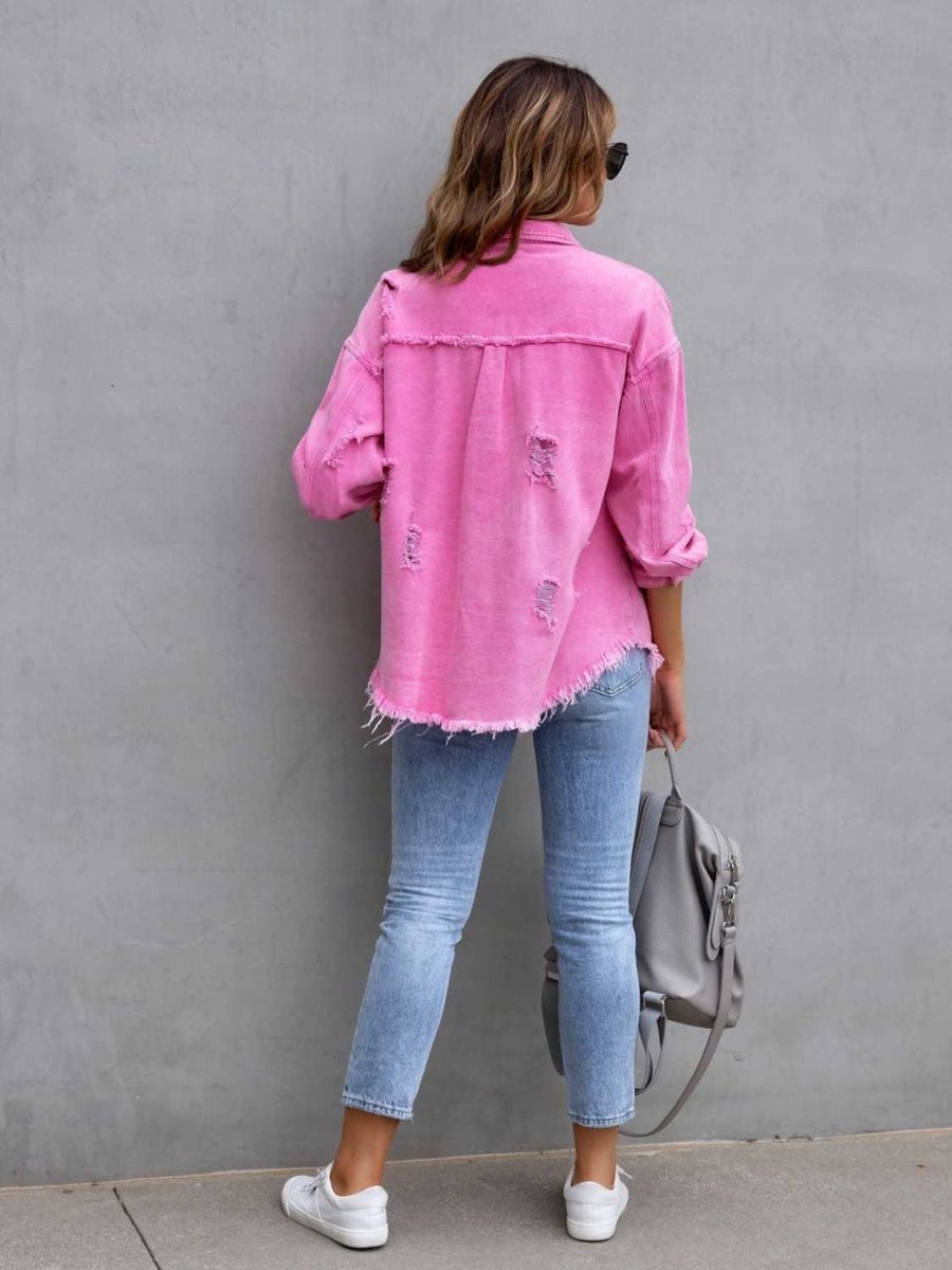 Distressed Drop Shoulder Denim Jacket - Outerwear