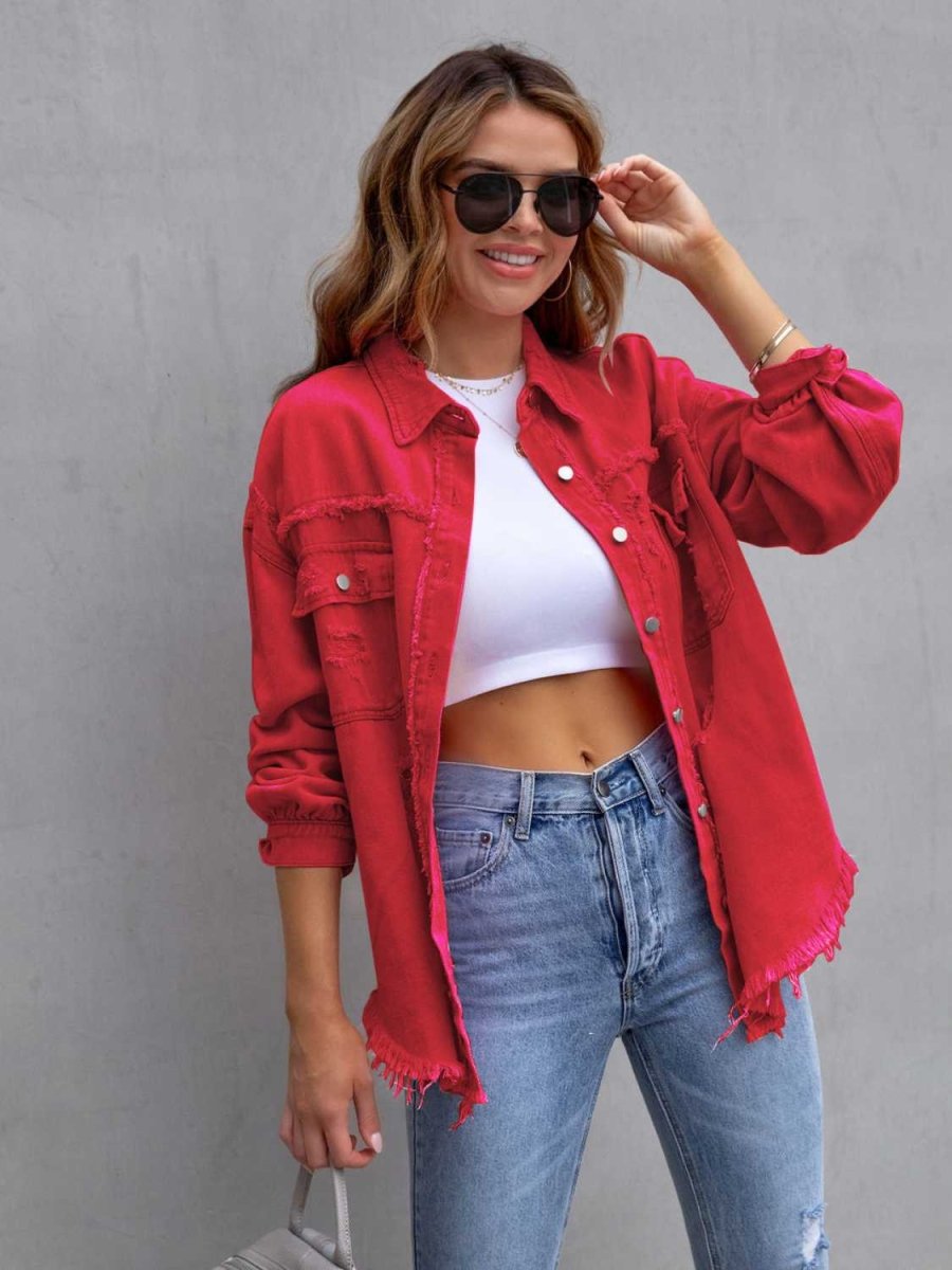 Distressed Drop Shoulder Denim Jacket - Outerwear
