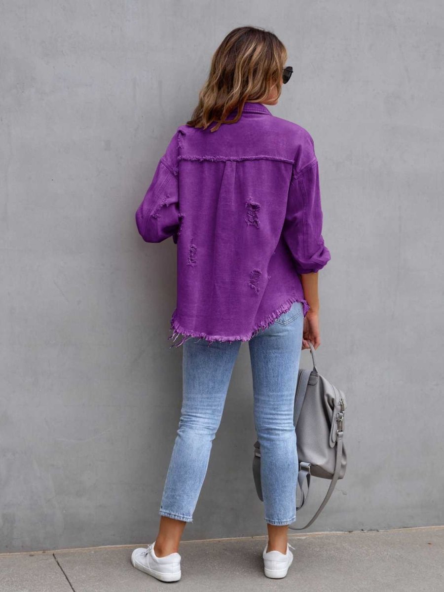 Distressed Drop Shoulder Denim Jacket - Outerwear