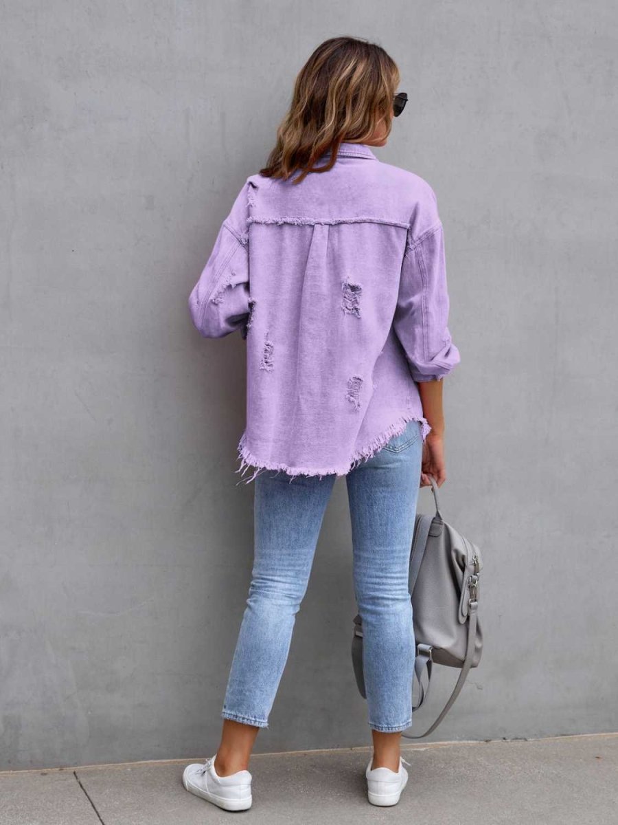 Distressed Drop Shoulder Denim Jacket - Outerwear