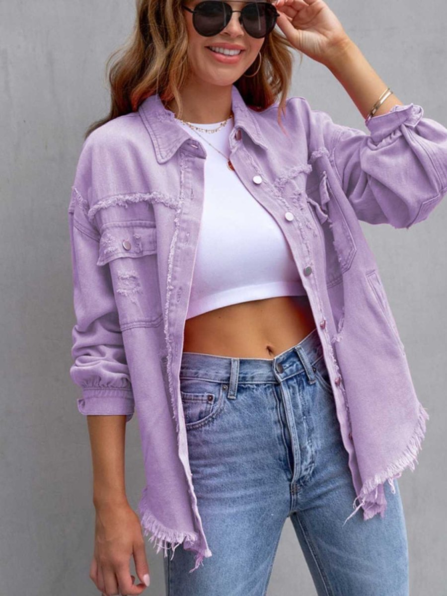 Distressed Drop Shoulder Denim Jacket - Outerwear