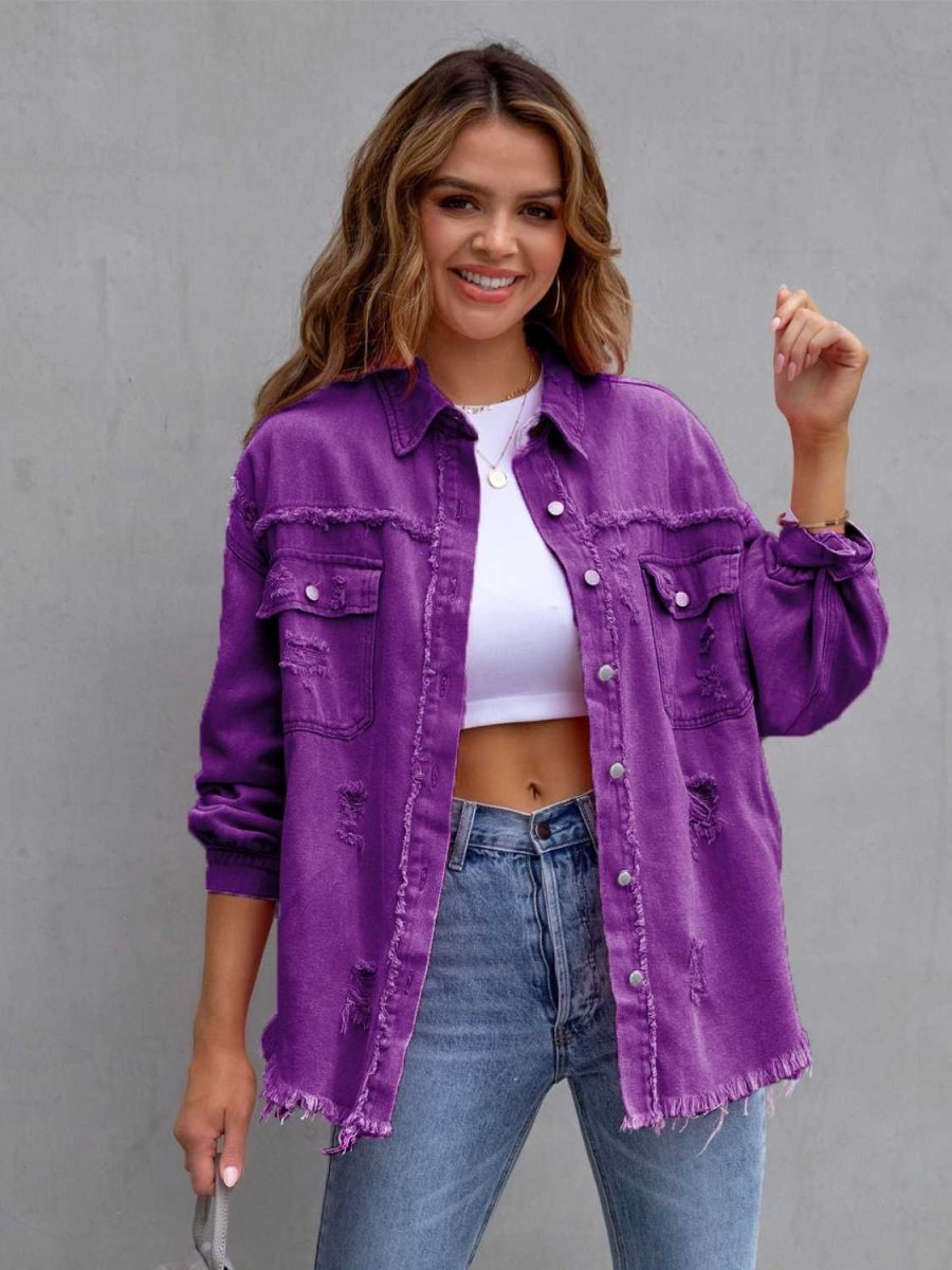 Distressed Drop Shoulder Denim Jacket - Outerwear