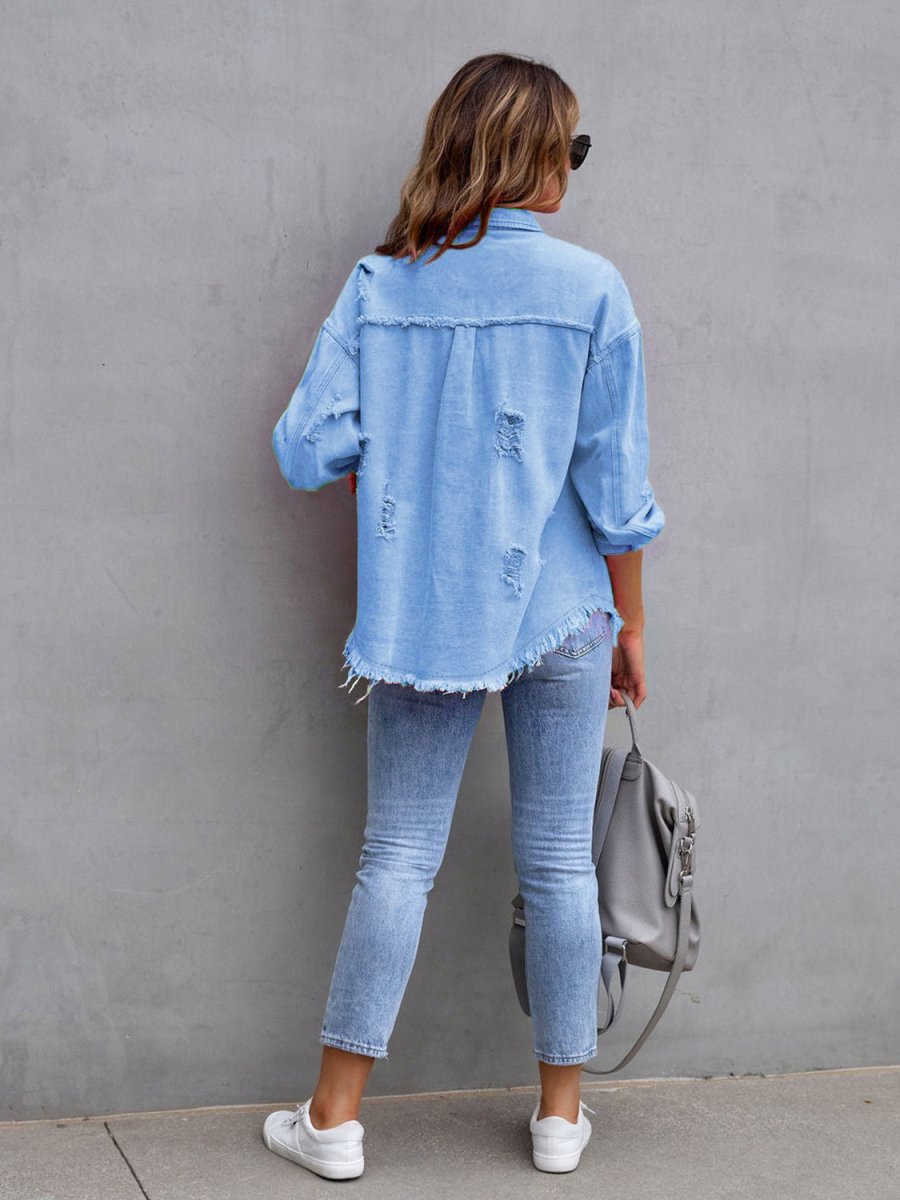 Distressed Drop Shoulder Denim Jacket - Outerwear