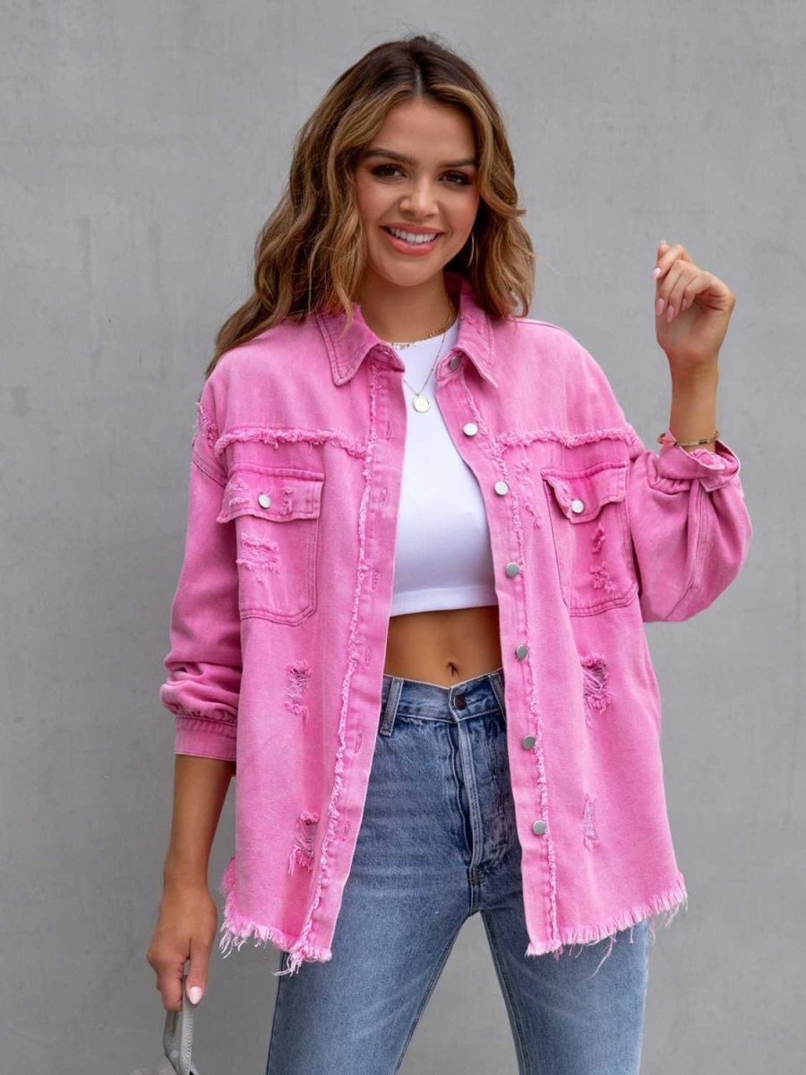 Distressed Drop Shoulder Denim Jacket - Outerwear