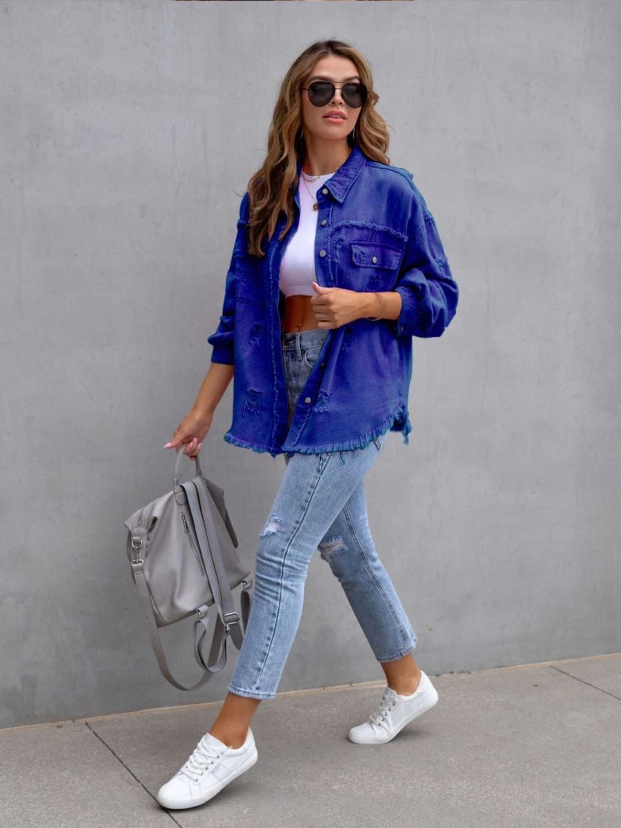 Distressed Drop Shoulder Denim Jacket - Outerwear