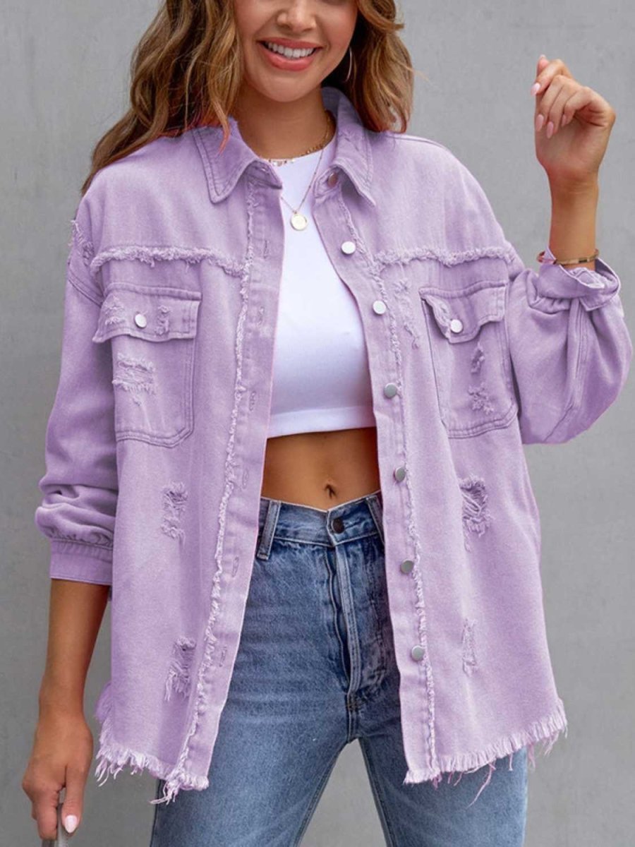 Distressed Drop Shoulder Denim Jacket - Outerwear