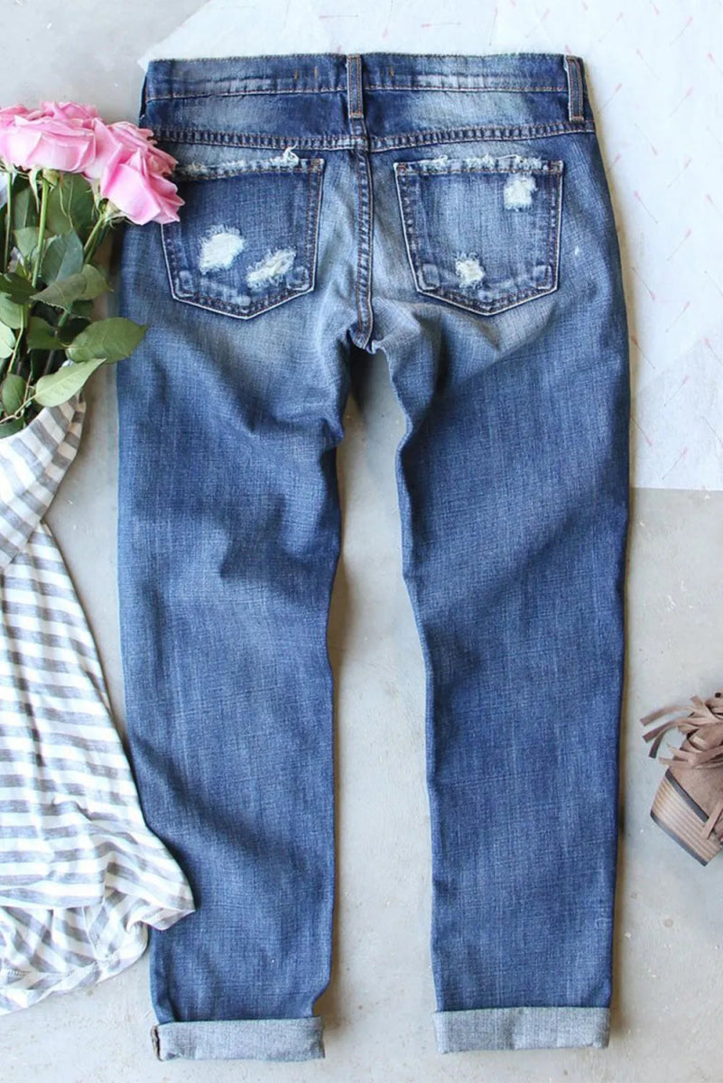 Distressed Football Straight Jeans - Bottoms