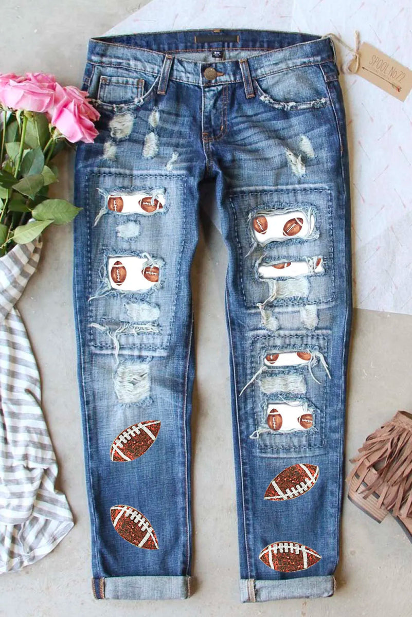 Distressed Football Straight Jeans - Bottoms