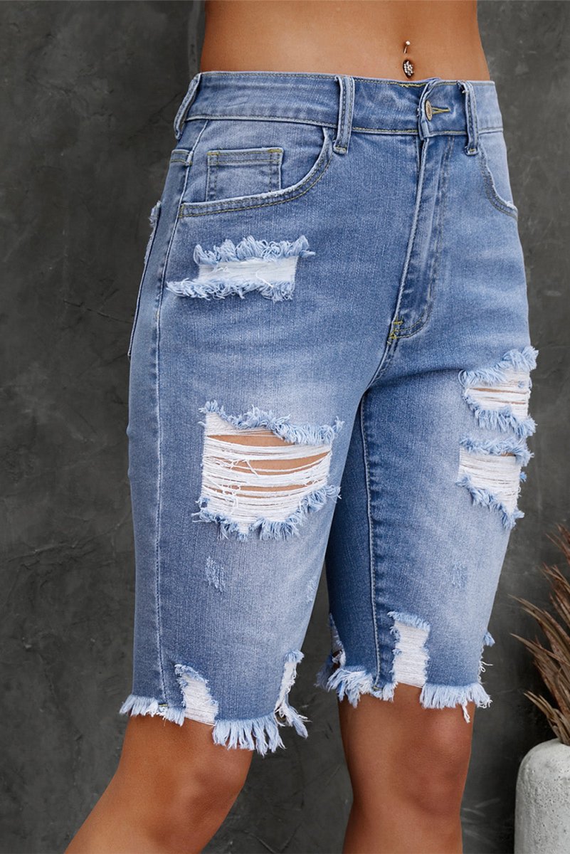 Distressed Frayed Hem Denim Bermuda Shorts - Bottoms