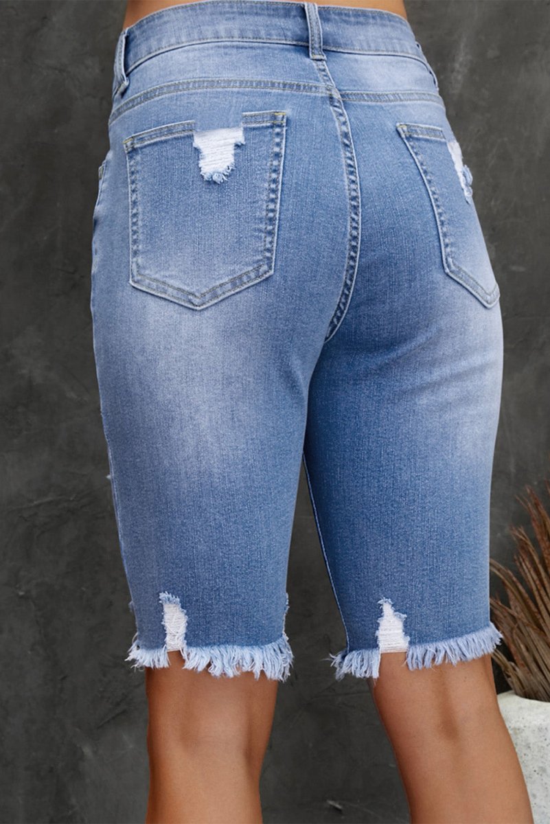 Distressed Frayed Hem Denim Bermuda Shorts - Bottoms