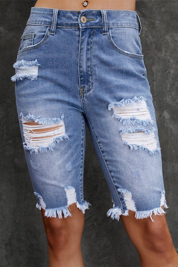 Distressed Frayed Hem Denim Bermuda Shorts - Bottoms