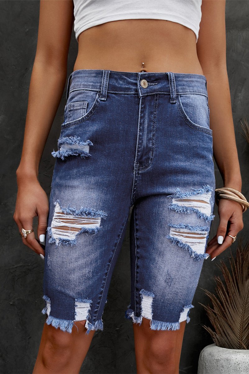 Distressed Frayed Hem Denim Bermuda Shorts - Bottoms