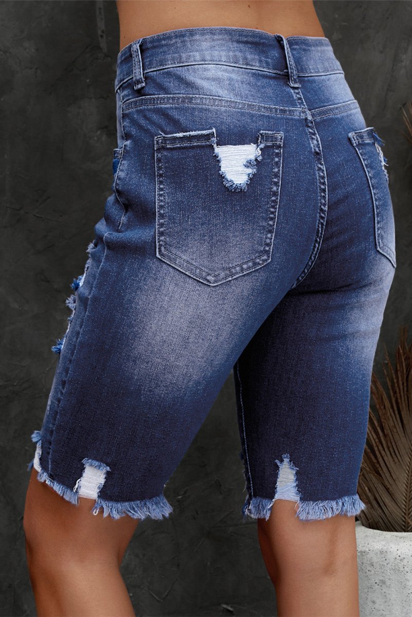 Distressed Frayed Hem Denim Bermuda Shorts - Bottoms
