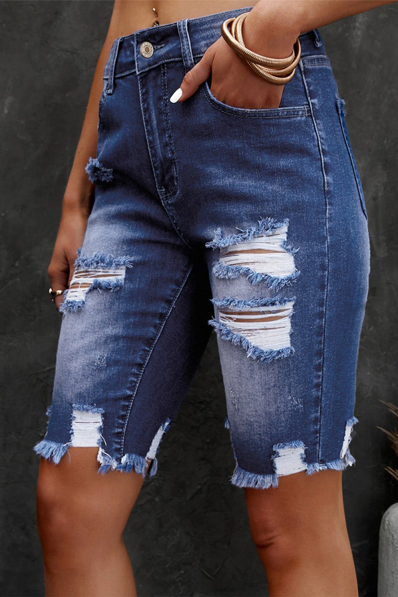 Distressed Frayed Hem Denim Bermuda Shorts - Bottoms