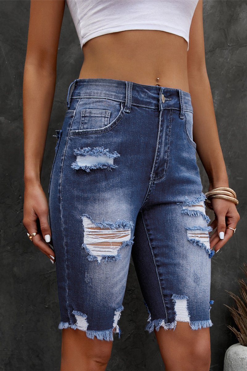 Distressed Frayed Hem Denim Bermuda Shorts - Bottoms