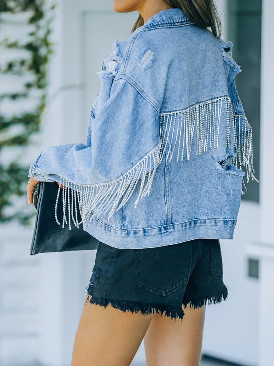 Distressed Fringe Denim Jacket - Outerwear