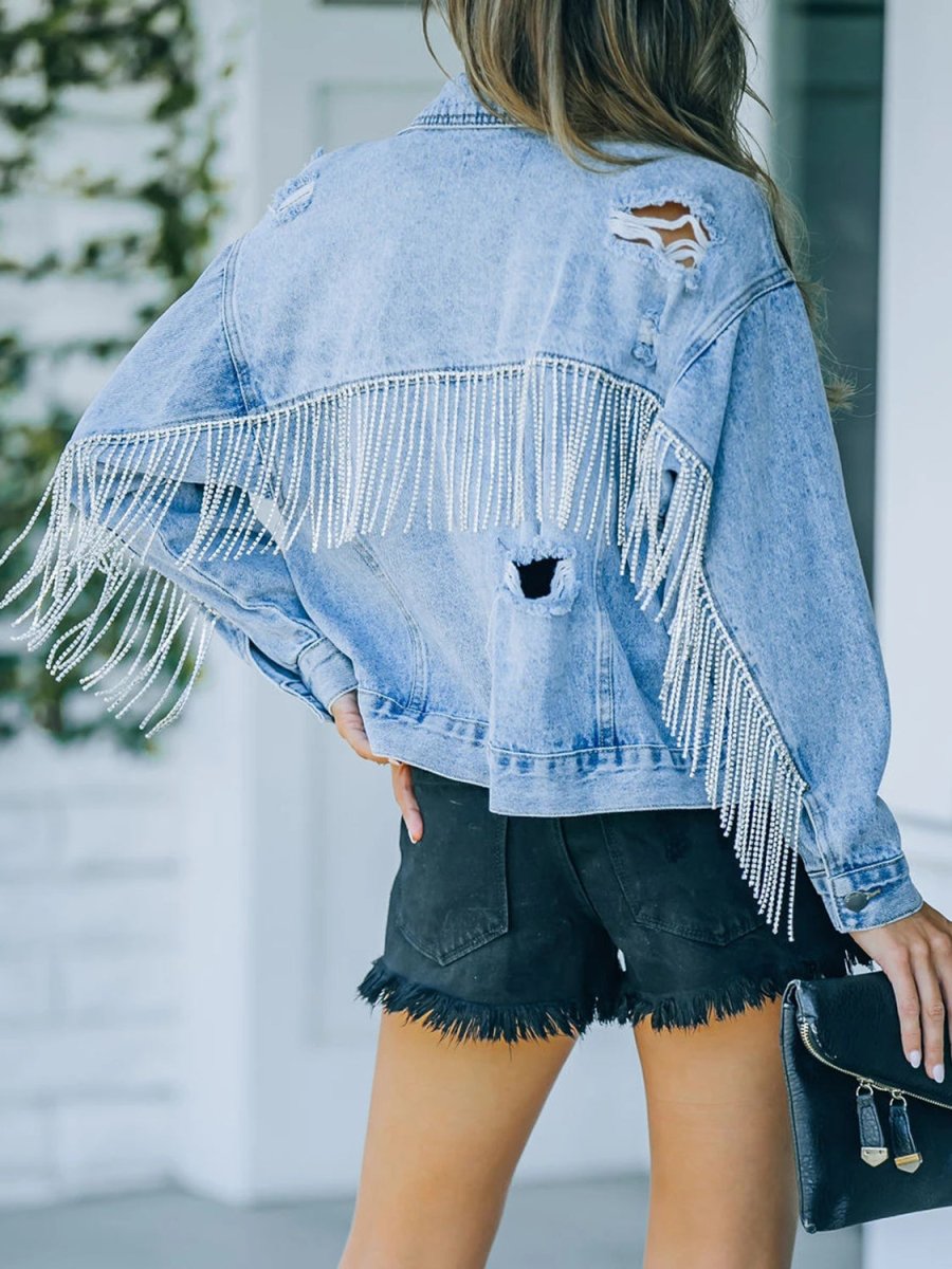 Distressed Fringe Denim Jacket - Outerwear