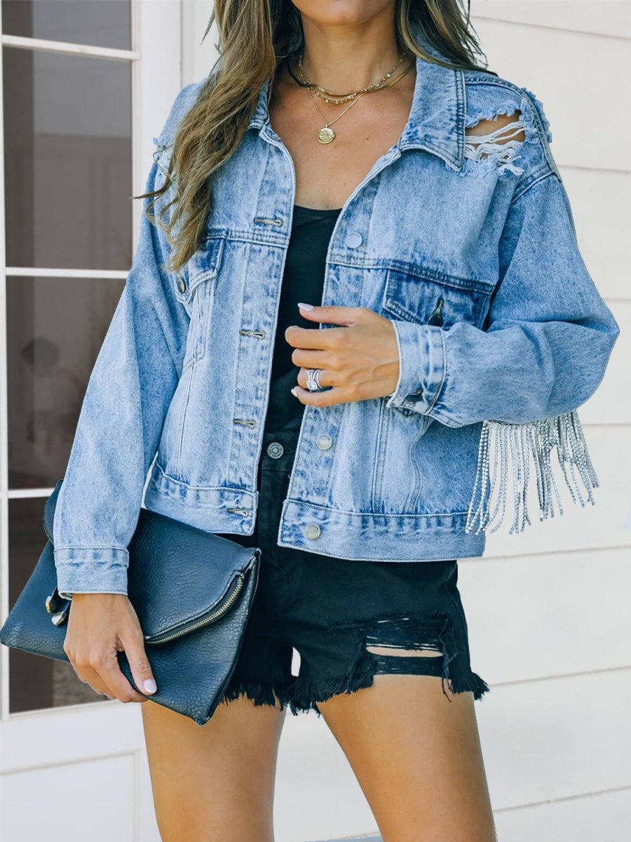 Distressed Fringe Denim Jacket - Outerwear