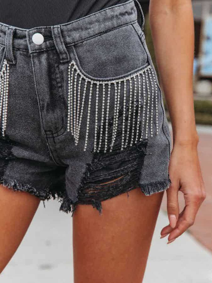 Distressed Fringe Denim Shorts with Pockets - Bottoms