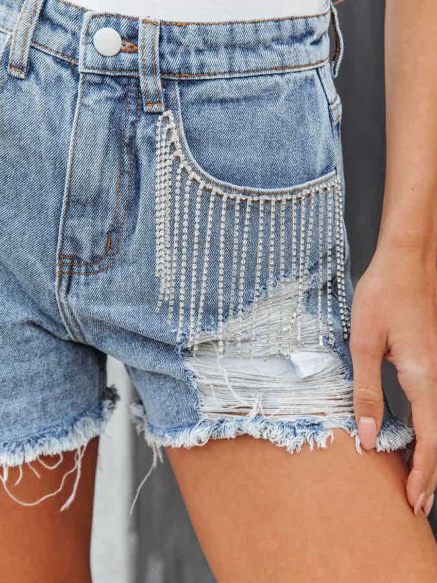 Distressed Fringe Denim Shorts with Pockets - Bottoms
