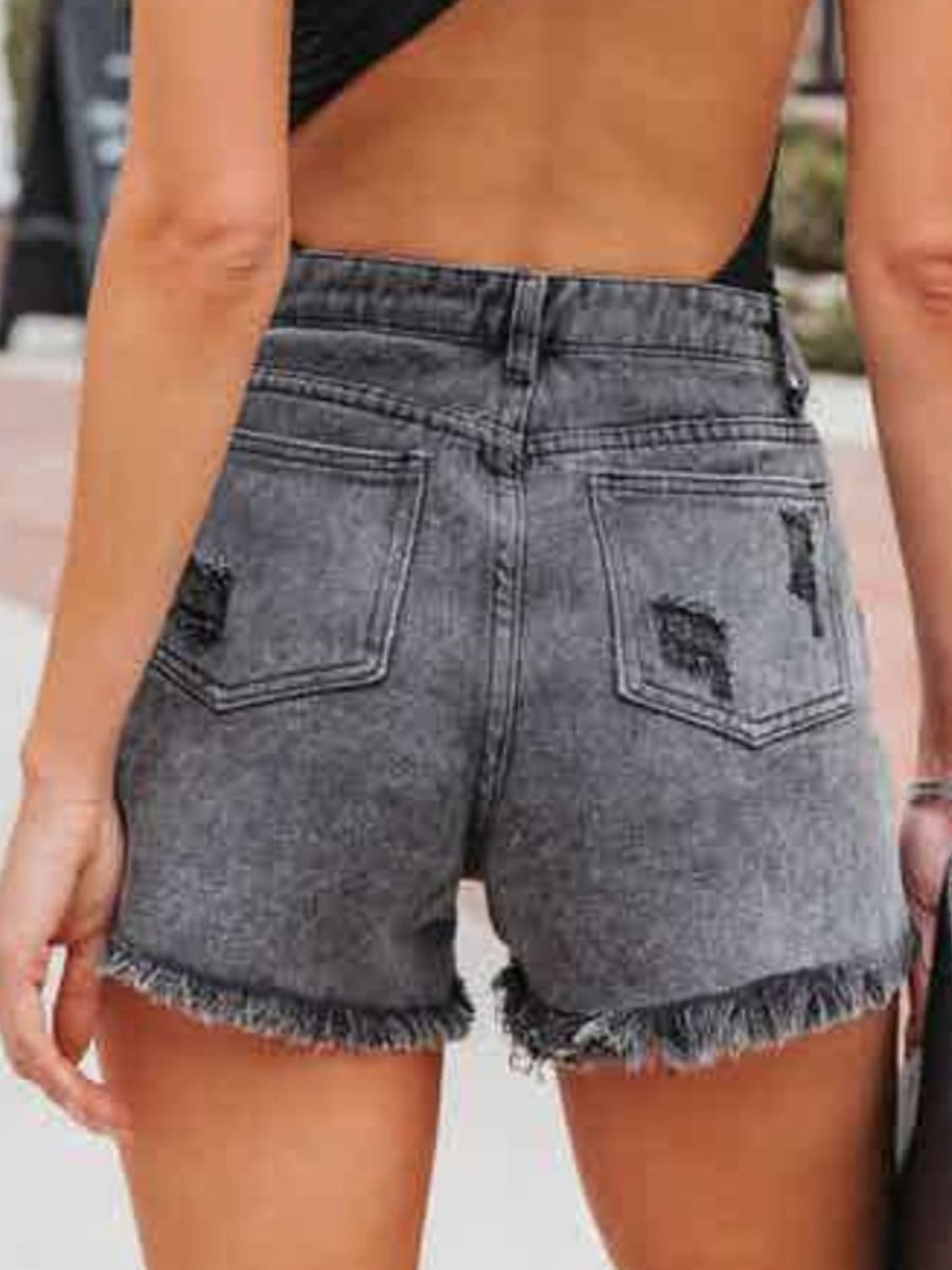 Distressed Fringe Denim Shorts with Pockets - Bottoms