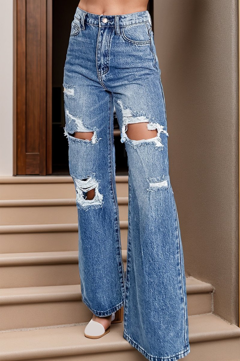 Distressed High Waist Bootcut Jeans - Bottoms