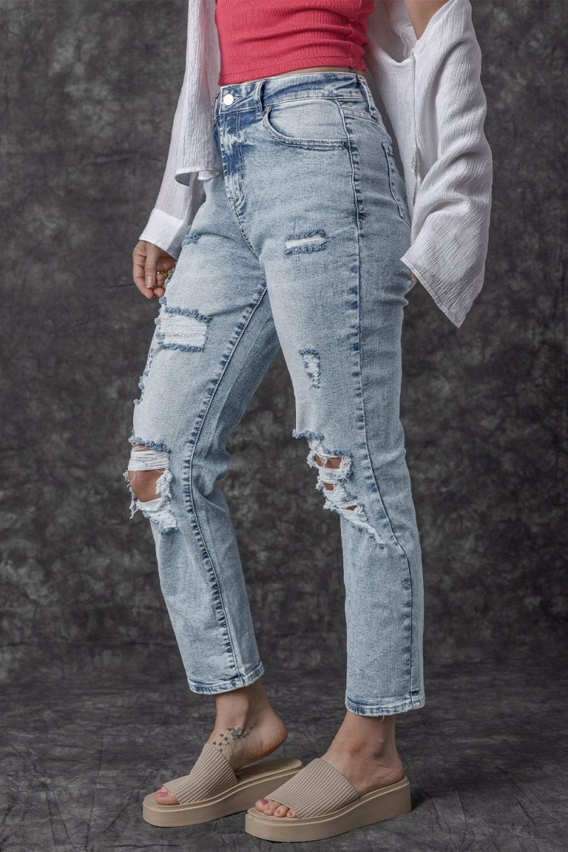 Distressed High Waist Jeans - Bottoms
