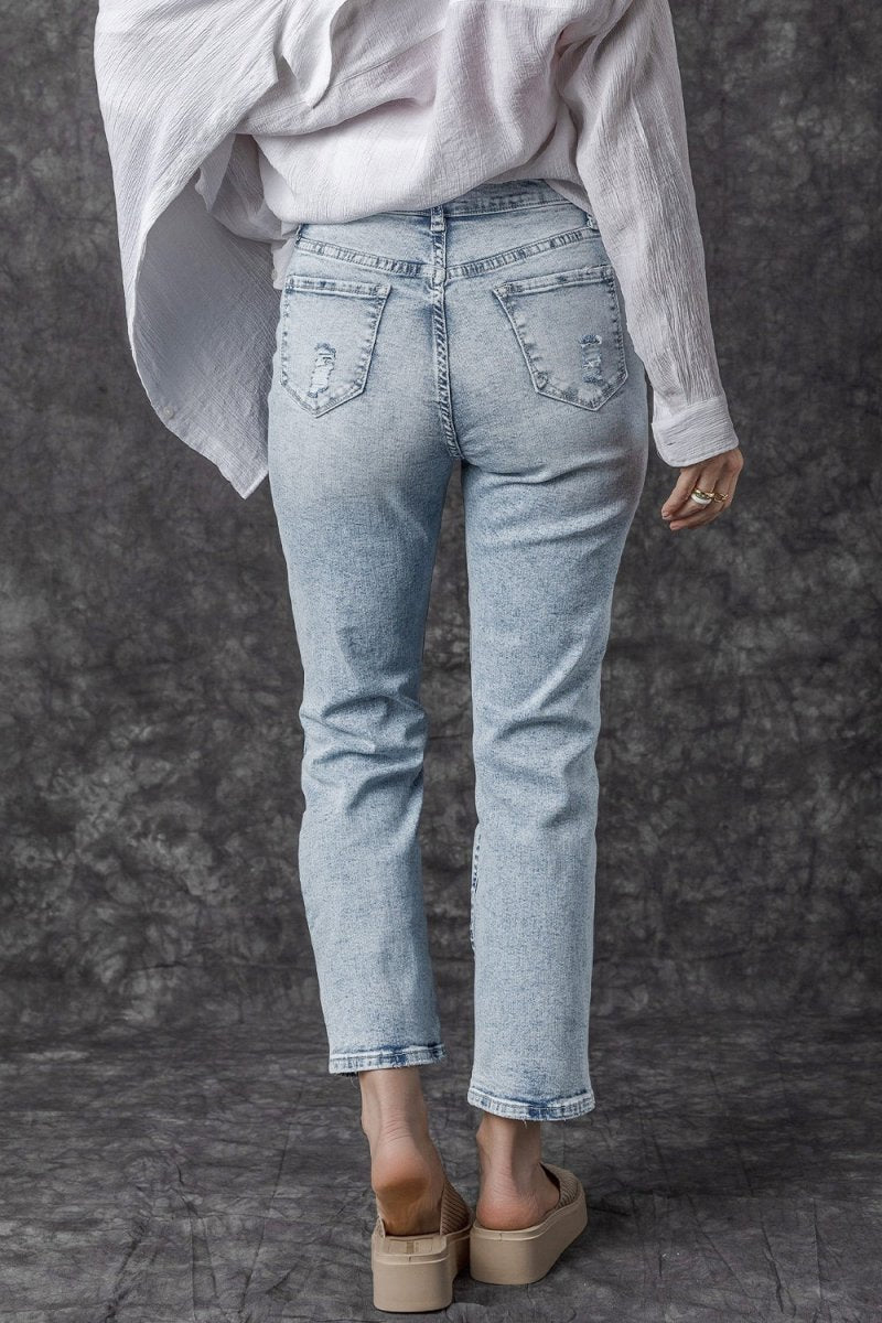 Distressed High Waist Jeans - Bottoms