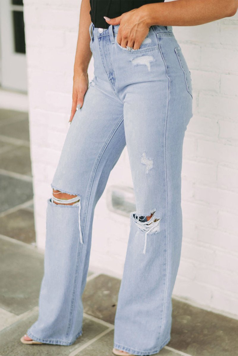 Distressed High Waist Jeans - Bottoms