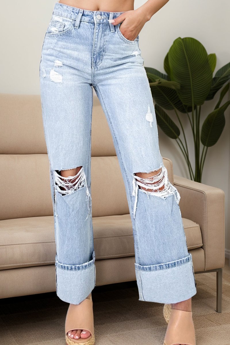 Distressed High Waist Jeans with Pockets - Bottoms