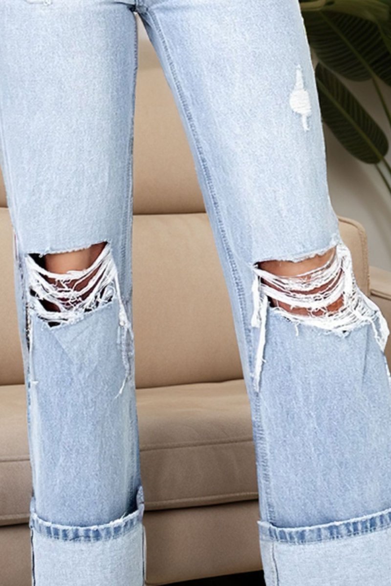 Distressed High Waist Jeans with Pockets - Bottoms