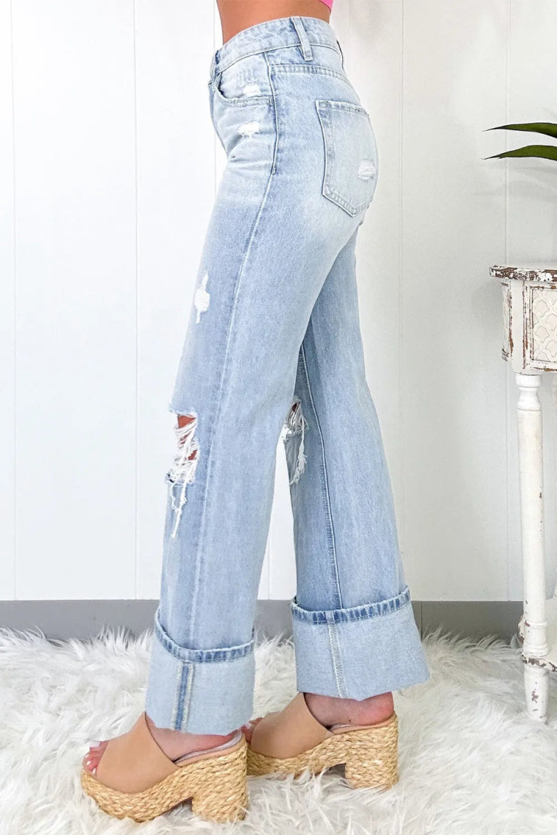 Distressed High Waist Jeans with Pockets - Bottoms