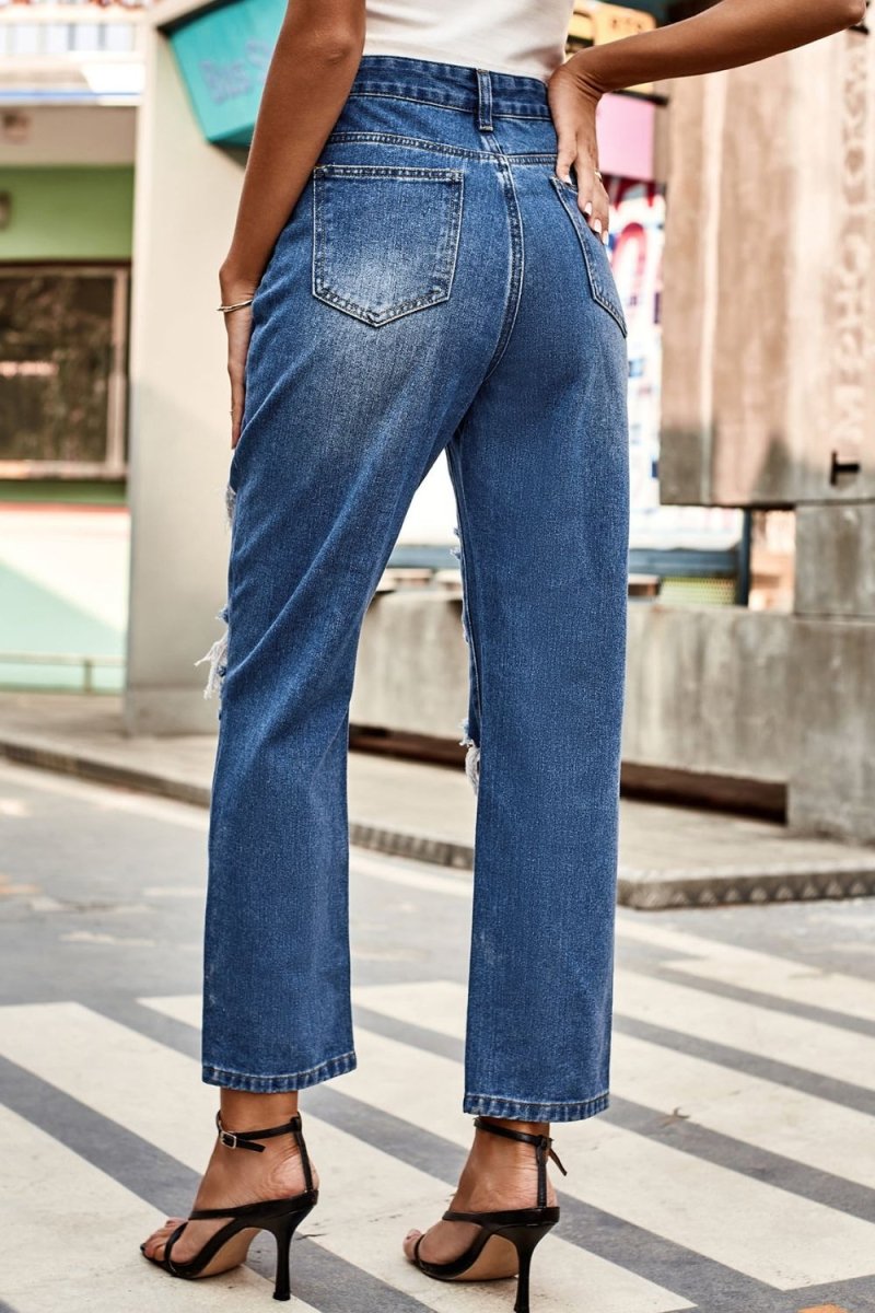 Distressed High Waist Straight Jeans - Bottoms