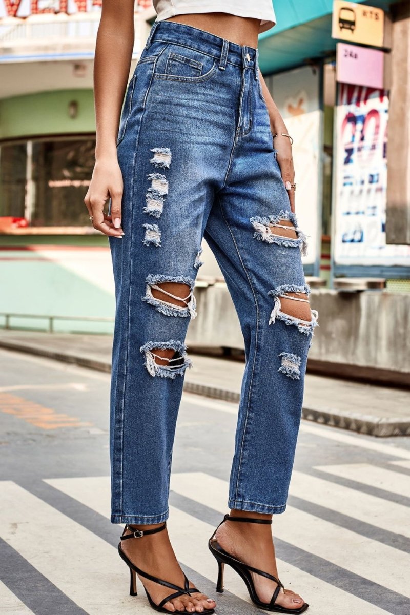 Distressed High Waist Straight Jeans - Bottoms
