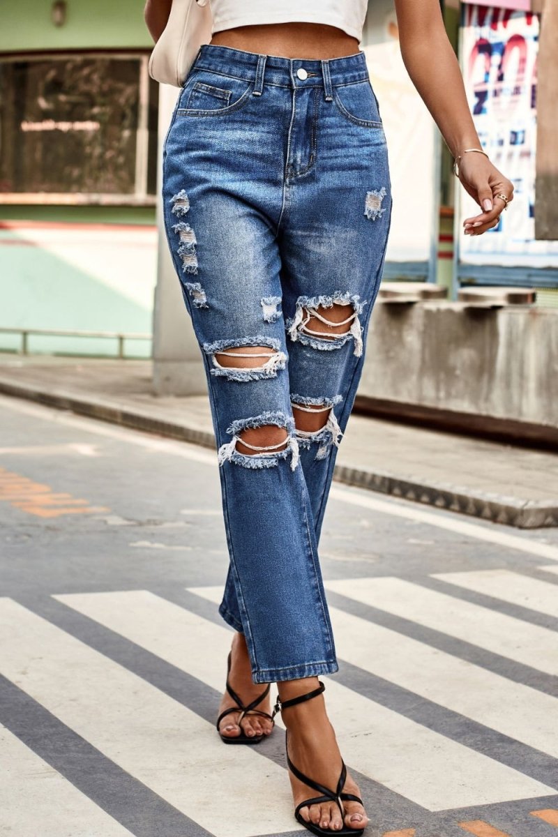 Distressed High Waist Straight Jeans - Bottoms