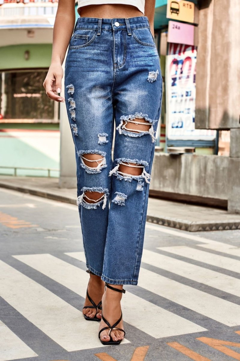Distressed High Waist Straight Jeans - Bottoms