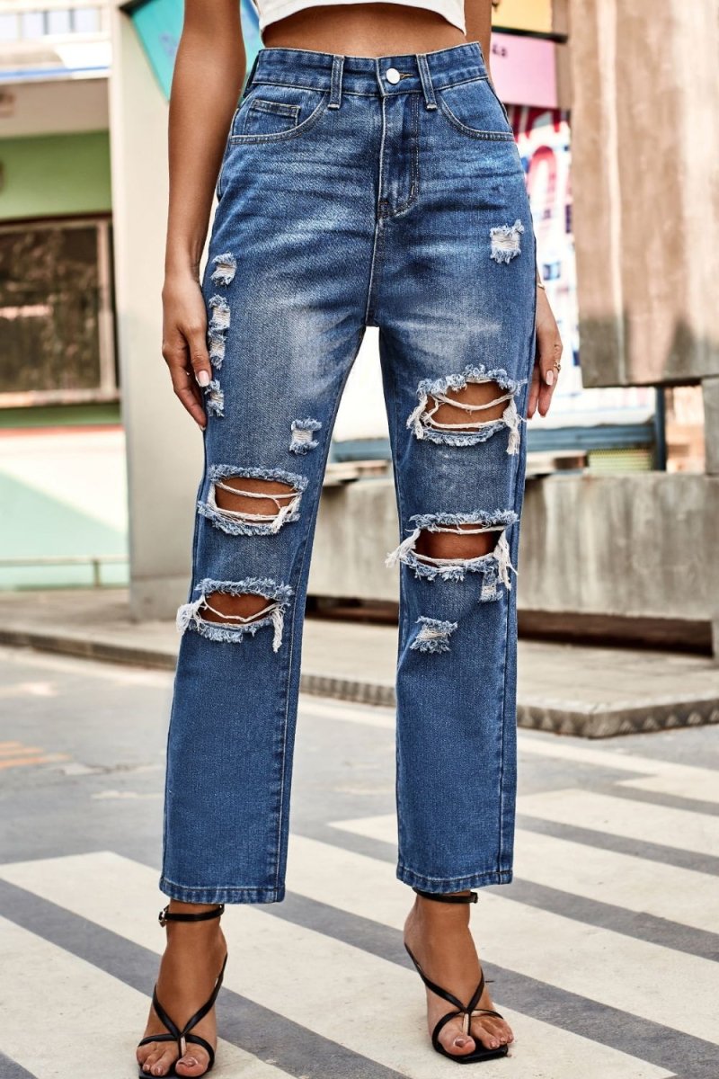 Distressed High Waist Straight Jeans - Bottoms
