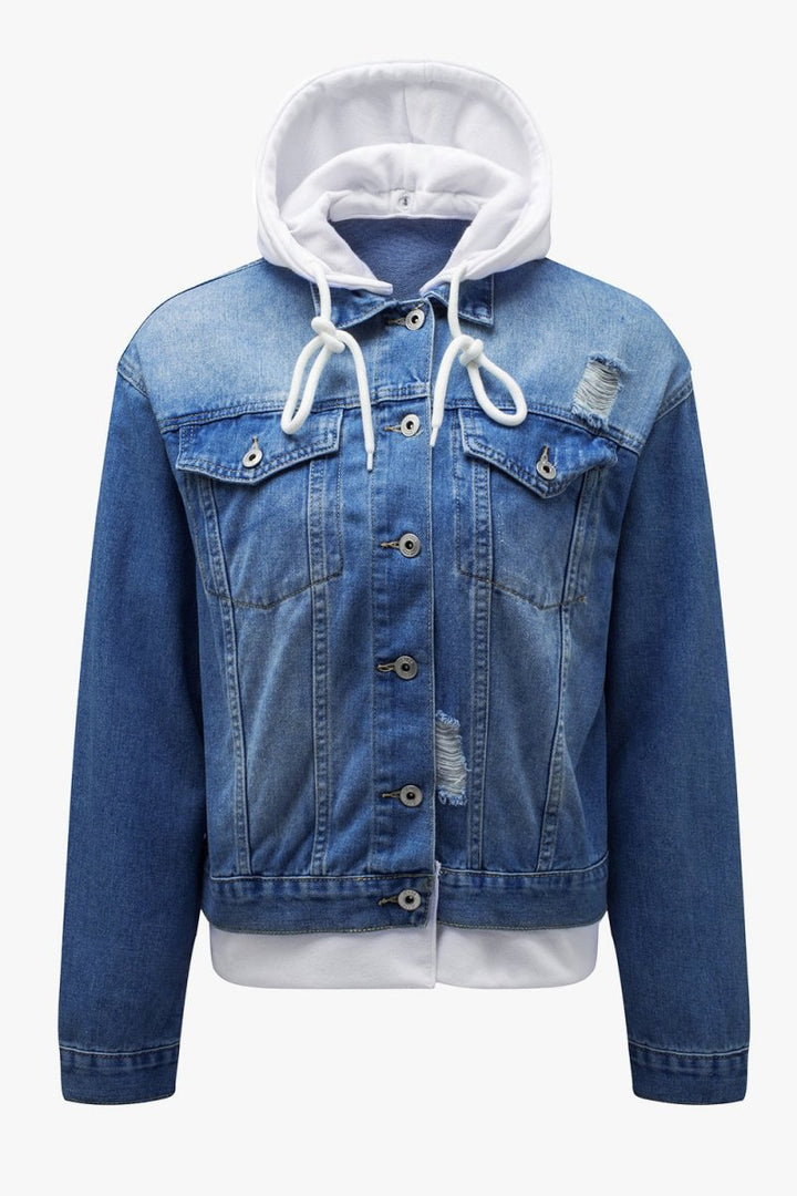Distressed Hooded Denim Jacket - Outerwear