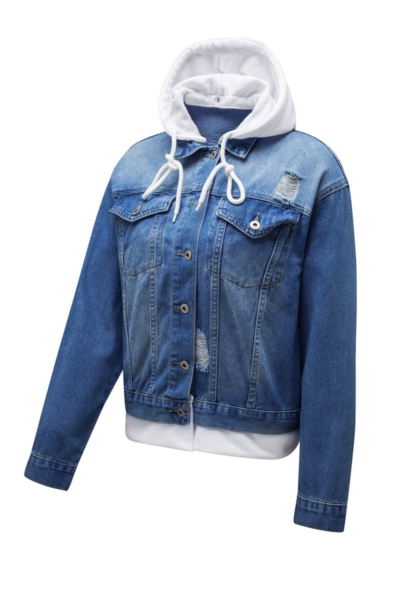 Distressed Hooded Denim Jacket - Outerwear
