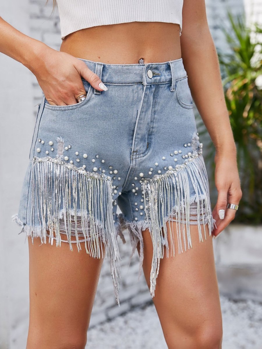 Distressed Pearl Trim Denim Shorts with Pockets - Bottoms