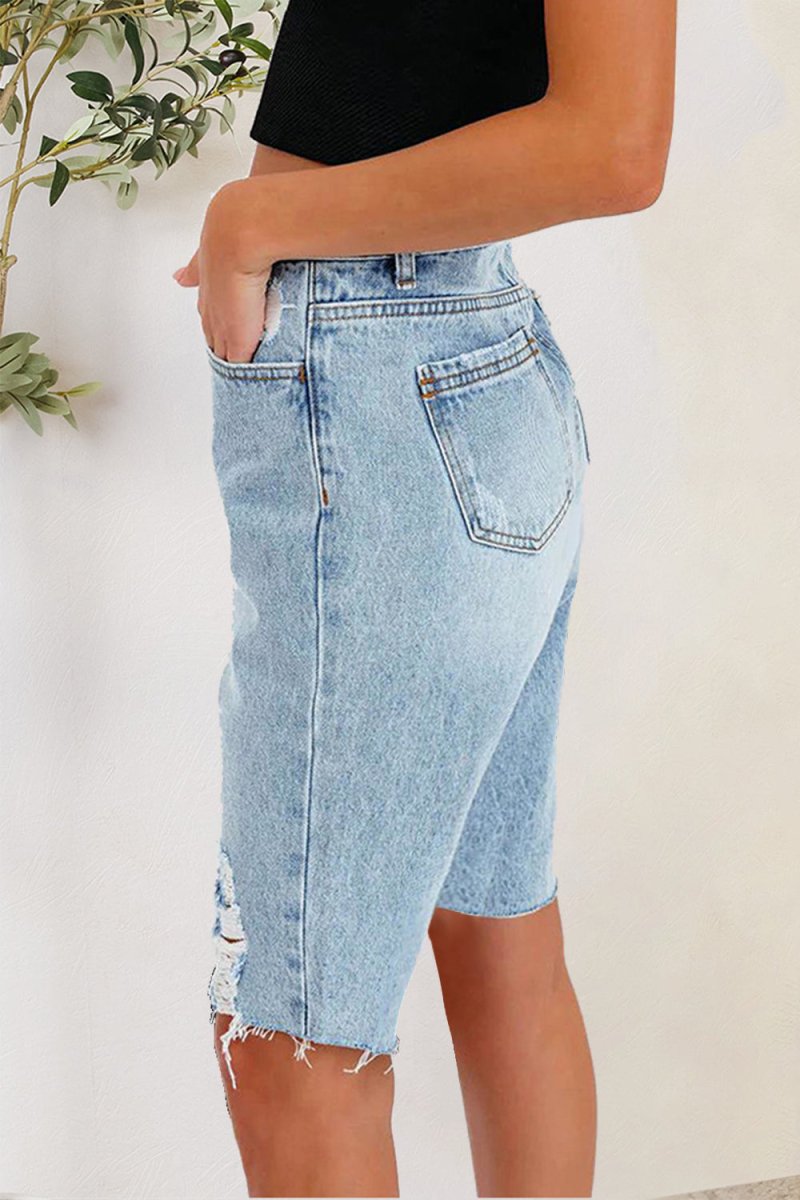 Distressed Pocketed Denim Shorts - Bottoms