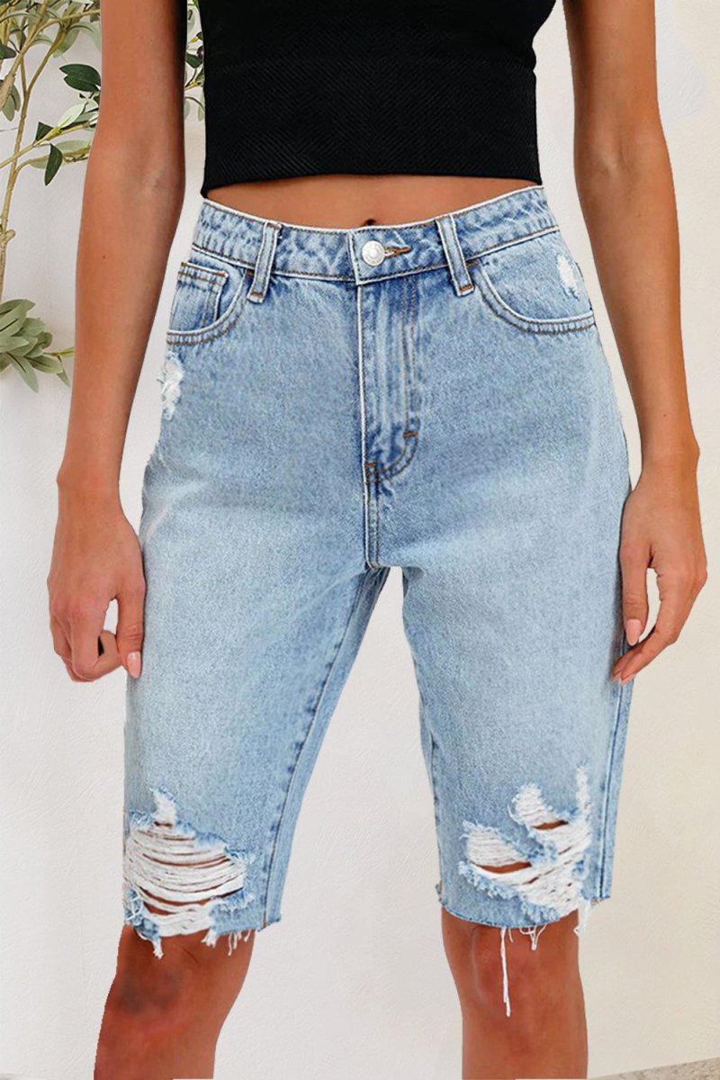 Distressed Pocketed Denim Shorts - Bottoms