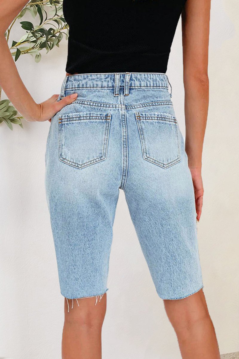 Distressed Pocketed Denim Shorts - Bottoms