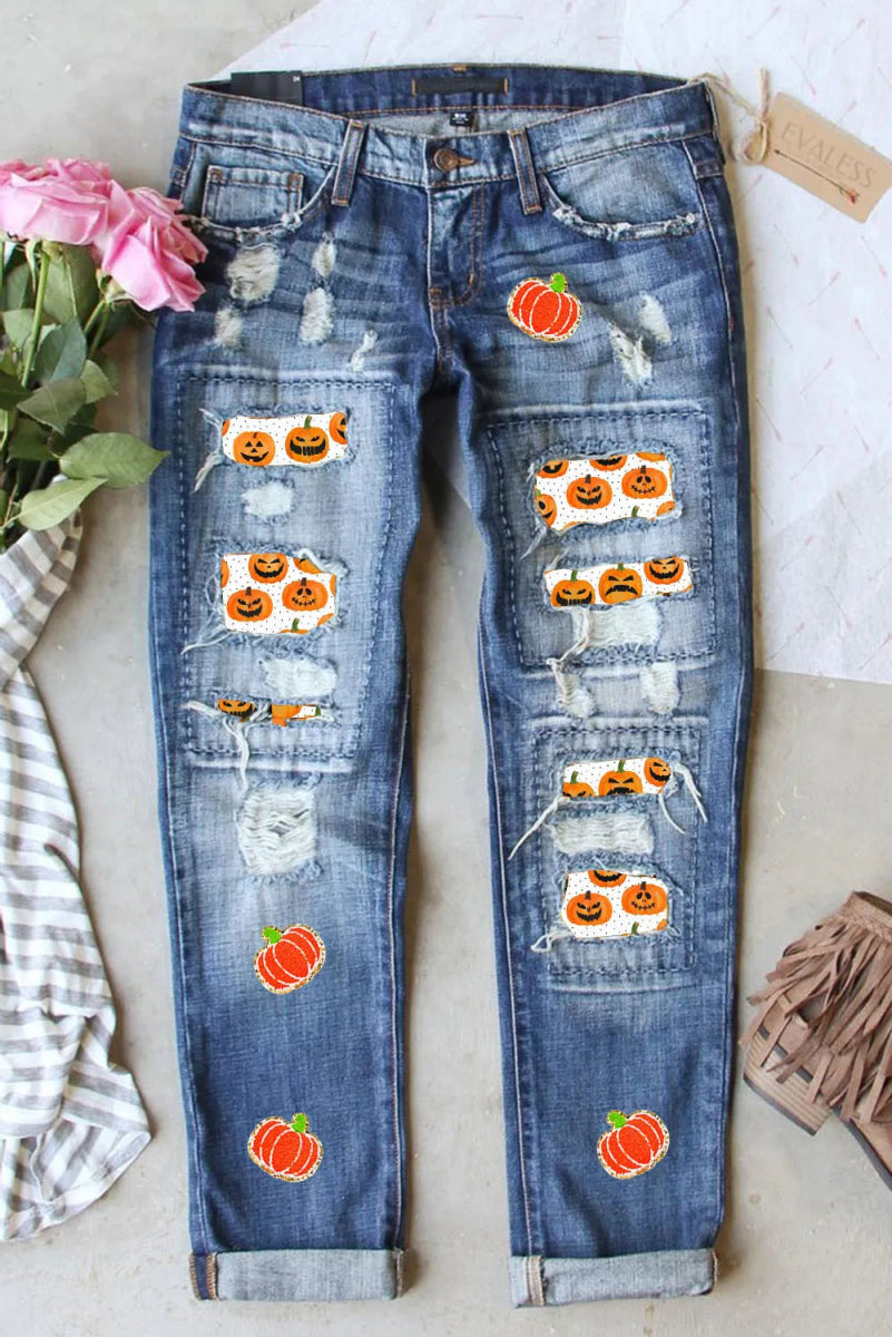 Distressed Pumpkin Jeans with Pockets - Bottoms