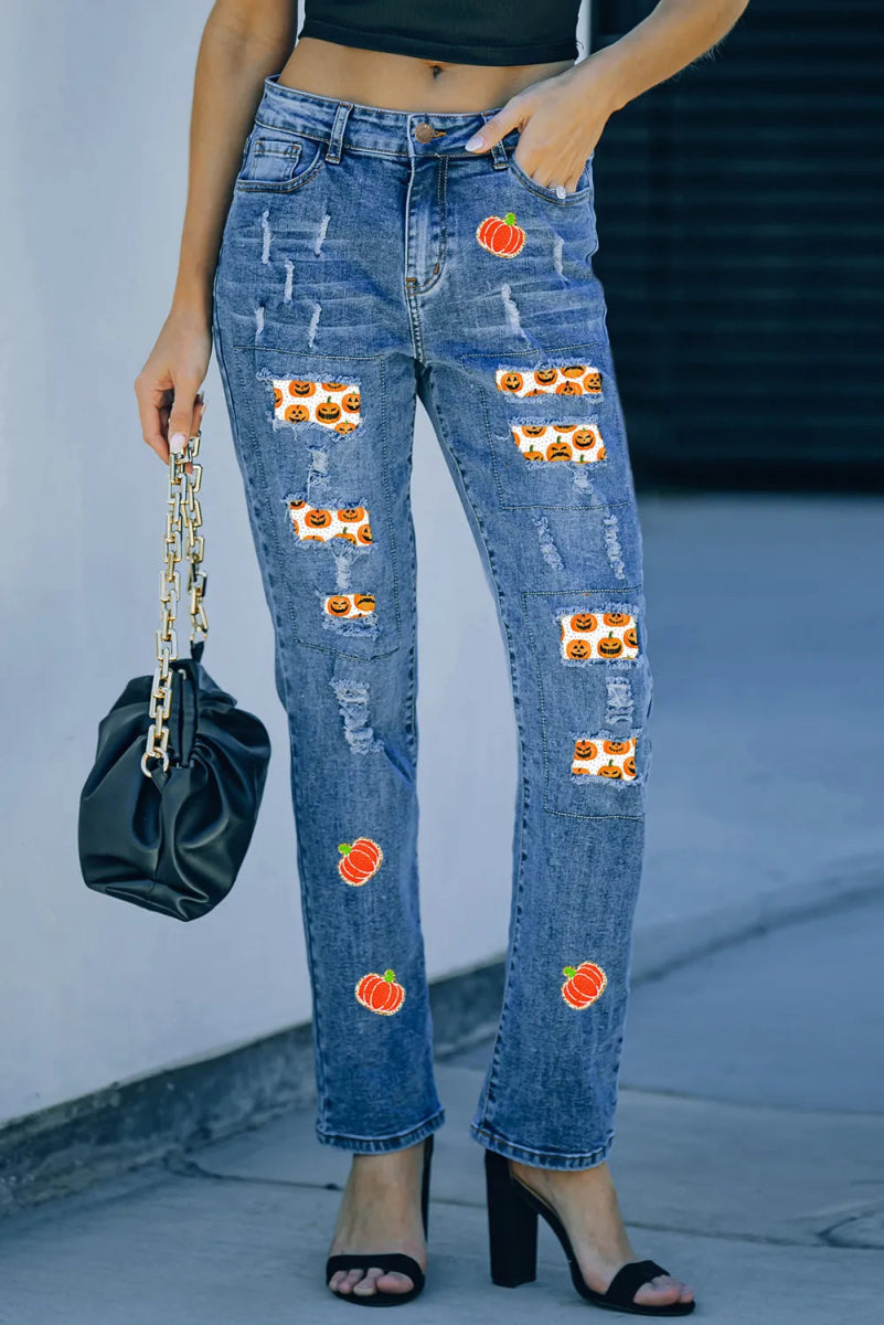 Distressed Pumpkin Jeans with Pockets - Bottoms