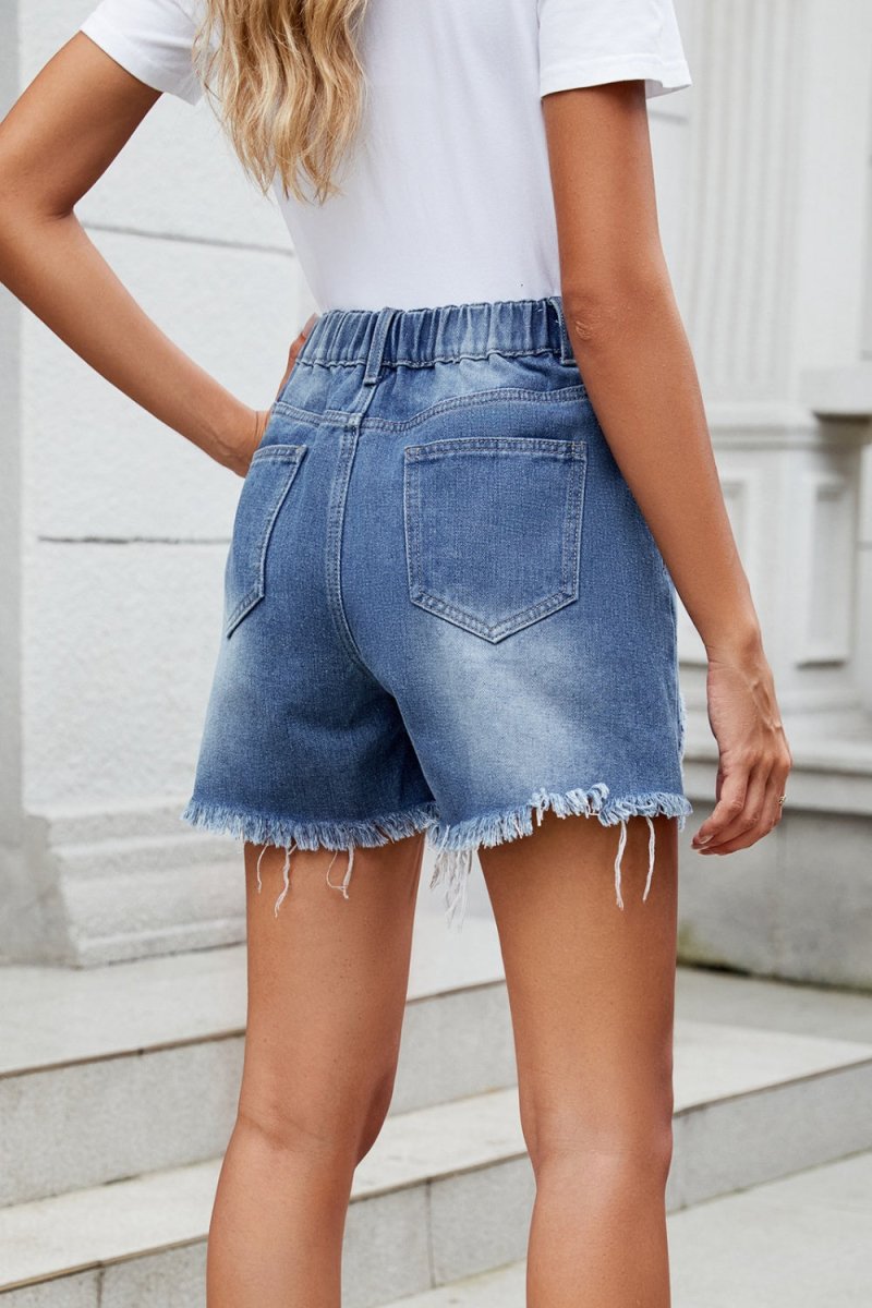 Distressed Raw Hem Asymmetric Waist Denim Shorts - Bottoms
