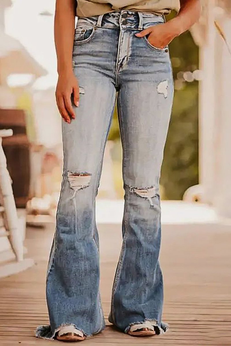Distressed Raw Hem Bootcut Jeans - Bottoms