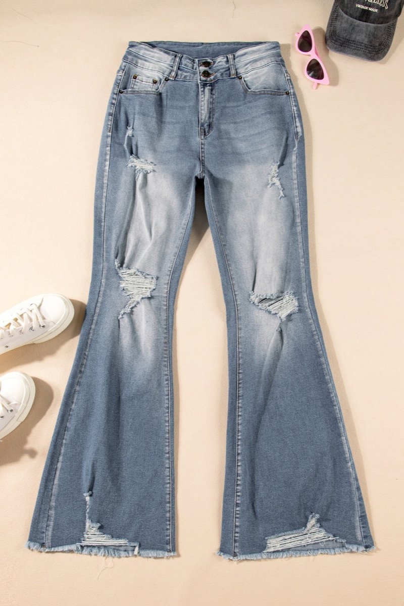 Distressed Raw Hem Bootcut Jeans - Bottoms